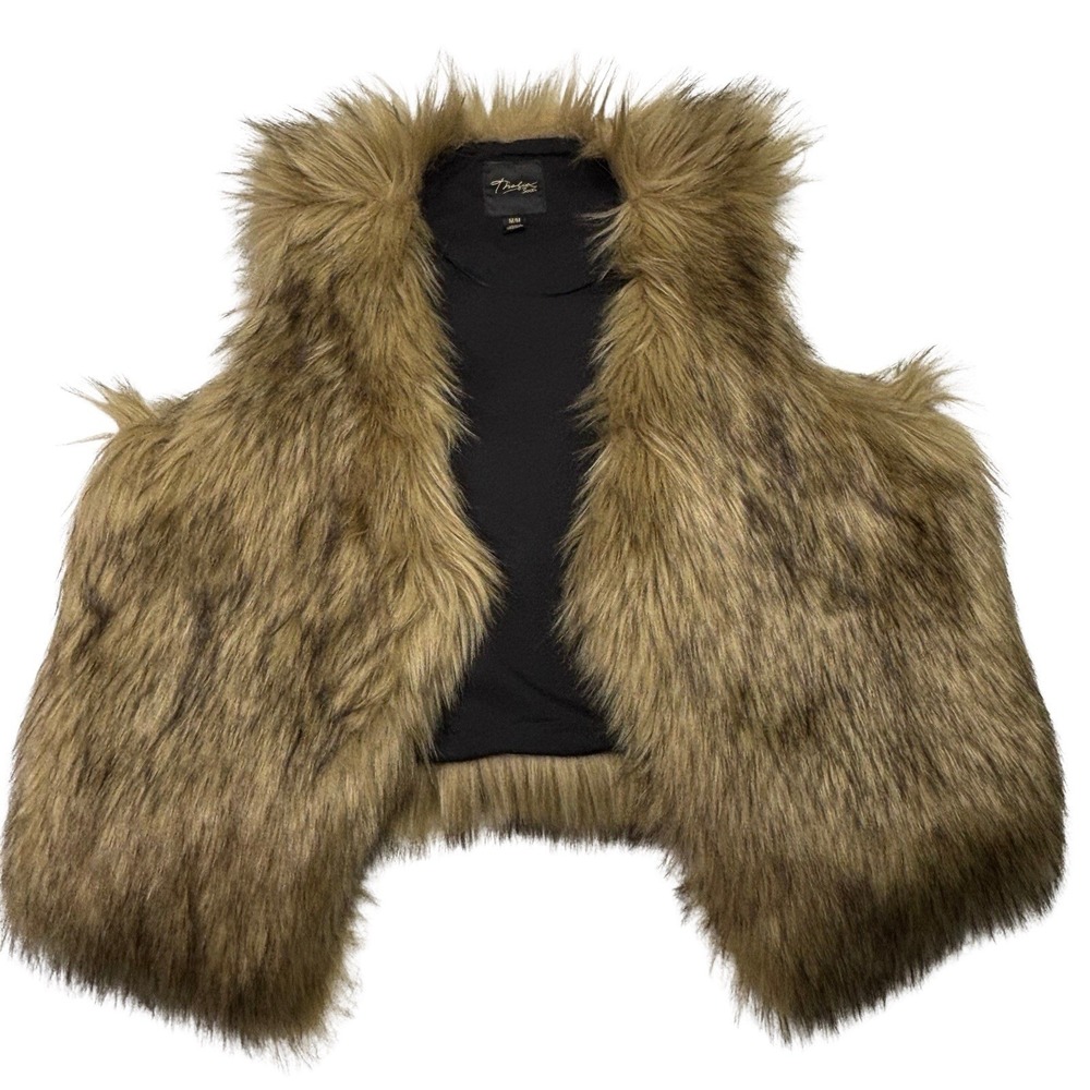 Thalia Sodi Women's Faux Fur Vest Brown Plush Sleeveless Jacket Size M 43" Chest